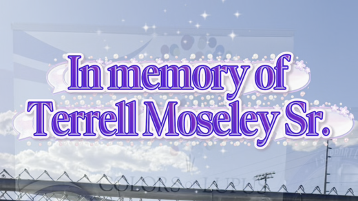 A purple banner on a chain-link fence, celebrating "Walking the World PURPLE," is visible under a blue sky. It features a large sneaker graphic and butterflies. Text: "In memory of Terrell Moseley Sr. Terrell Moseley Sr.'s Walking the World PURPLE Fighting