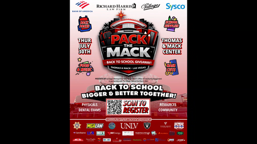 Promotional poster for the "PACK THE MACK BACK-TO-SCHOOL GIVEAWAY!" on "THUR JULY 20TH" at "THOMAS & MACK - LAS VEGAS," including a "SCAN TO REGISTER" QR code.