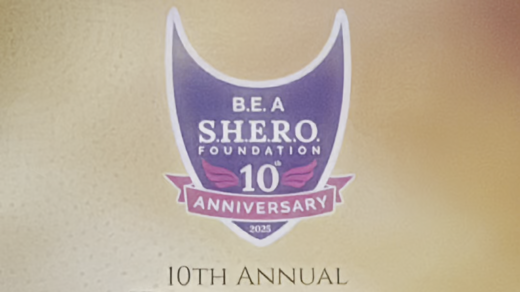 A digital poster for the 10th Annual Phoenix Awareness Gala on March 1, 2025. It features a young girl illustration with glowing hands and the B.E. A Shero Foundation logo.